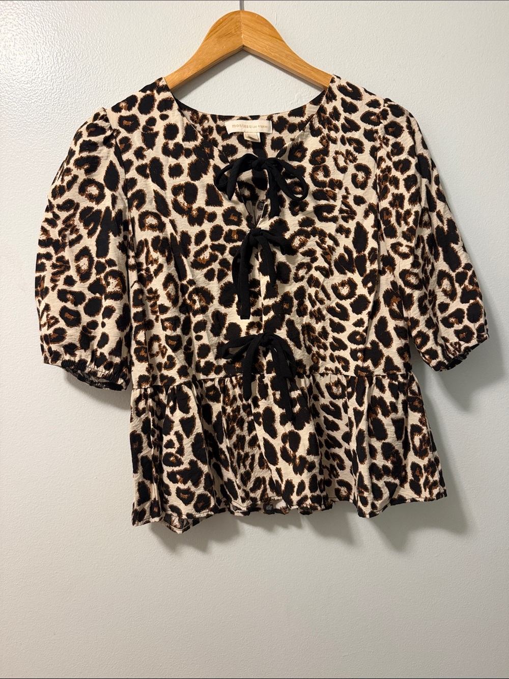 Leopard Print Tie-Front Peplum Blouse - Black & Brown